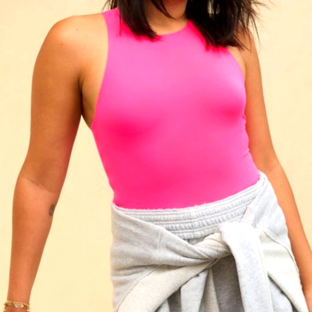 Aerie smoothez hot neon pink high neck  thong bodysuit